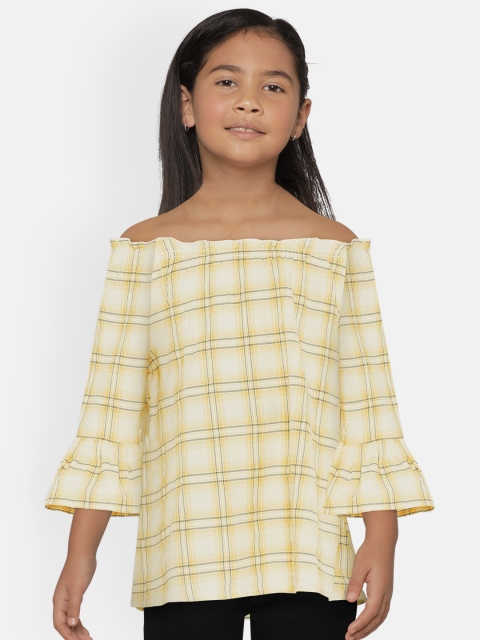 

UNDER FOURTEEN ONLY Girls Yellow Checked Pure Cotton Top