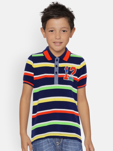 

UNDER FOURTEEN ONLY Boys Navy Blue & Green Striped Polo Collar T-shirt