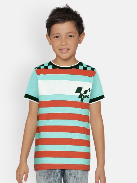 

UNDER FOURTEEN ONLY Boys Turquoise Blue & Orange Striped Round Neck T-shirt