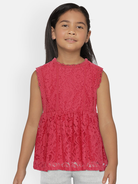 

UNDER FOURTEEN ONLY Girls Pink Self Design Top