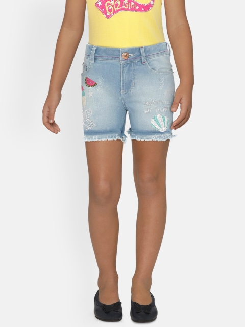 

UNDER FOURTEEN ONLY Girls Blue Self Design Regular Fit Embroidered Distressed Denim Shorts