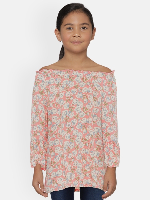 

UNDER FOURTEEN ONLY Girls Peach-Coloured And Beige Floral Printed Pure Cotton Top