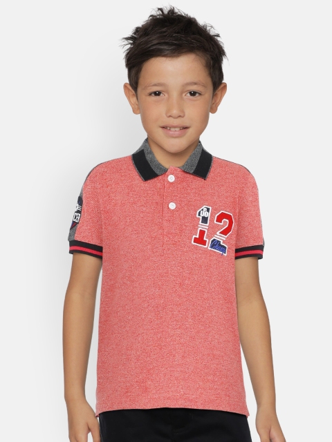 

UNDER FOURTEEN ONLY Boys Coral Red Self Design Polo Collar T-shirt