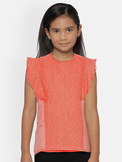 

UNDER FOURTEEN ONLY Girls Coral Self Design Top