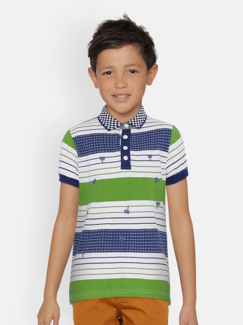 

UNDER FOURTEEN ONLY Boys Green & White Striped Polo Collar T-shirt