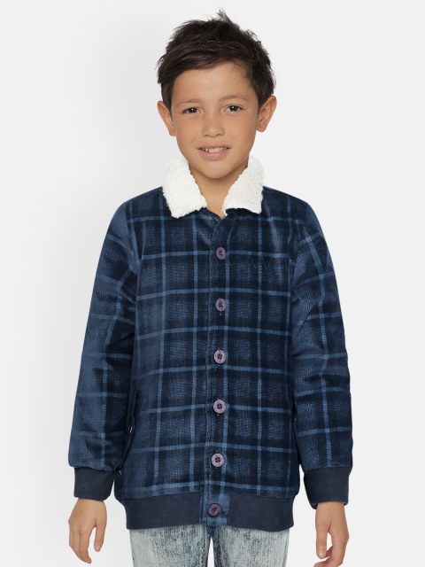 

UNDER FOURTEEN ONLY Boys Navy Blue Checked Bomber Jacket