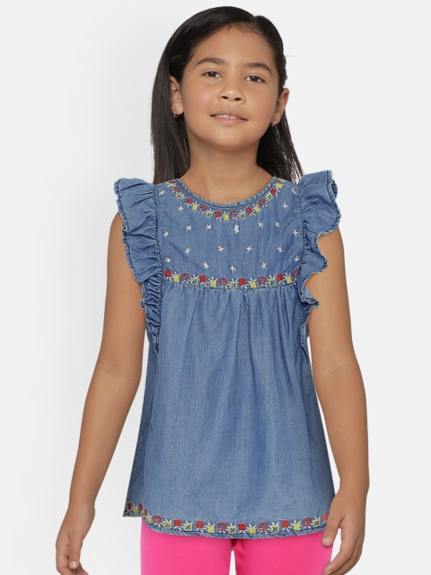 

UNDER FOURTEEN ONLY Girls Navy Blue Embroidered Pure Cotton Top