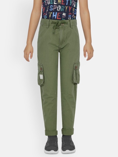 

UNDER FOURTEEN ONLY Boys Olive Green Regular Fit Solid Cargos