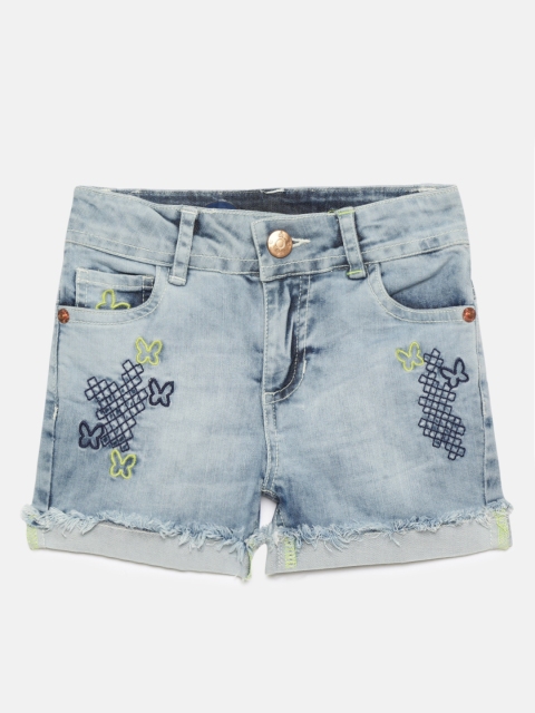 

UNDER FOURTEEN ONLY Girls Blue Washed Regular Fit Embroidered Denim Shorts