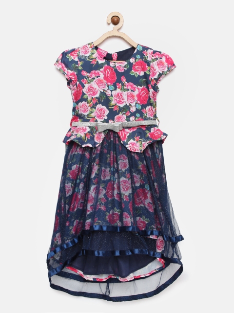 

UNDER FOURTEEN ONLY Girls Navy Blue Printed Fit and Flare Dress