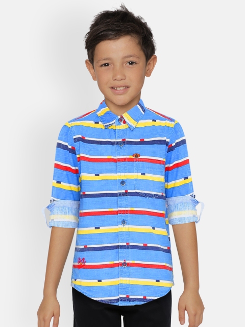 

UNDER FOURTEEN ONLY Boys Blue & Yellow Regular Fit Striped Casual Shirt