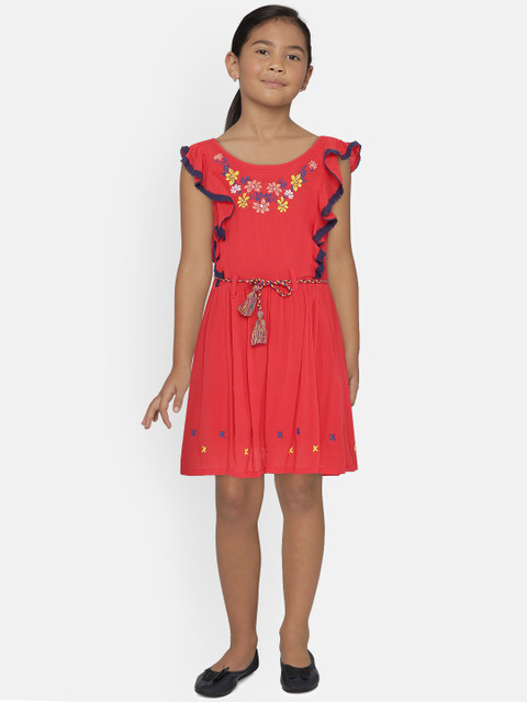 

UNDER FOURTEEN ONLY Girls Red Embroidered Fit and Flare Dress
