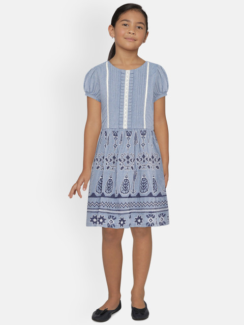 

UNDER FOURTEEN ONLY Girls Blue Embroidered Fit and Flare Dress
