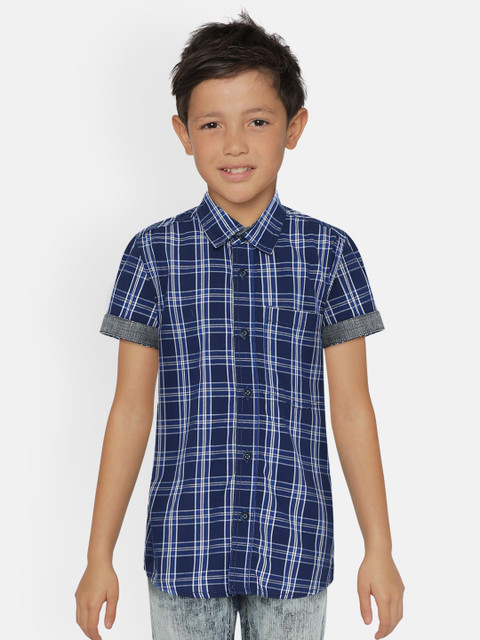 

UNDER FOURTEEN ONLY Boys Navy Blue Regular Fit Checked Casual Shirt
