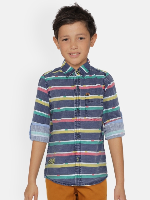 

UNDER FOURTEEN ONLY Boys Navy Blue & Yellow Striped Regular Fit Casual Shirt