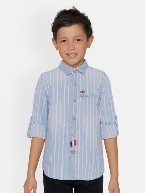 

UNDER FOURTEEN ONLY Boys Blue & White Regular Fit Striped Casual Denim Shirt