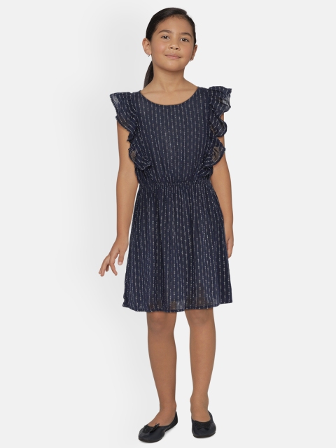 

UNDER FOURTEEN ONLY Girls Navy Blue Striped A-Line Dress