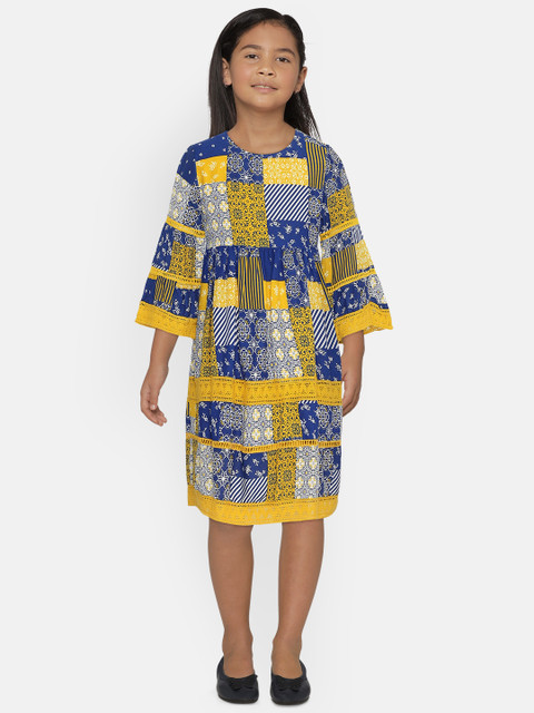 

UNDER FOURTEEN ONLY Girls Yellow & Blue Printed A-Line Dress