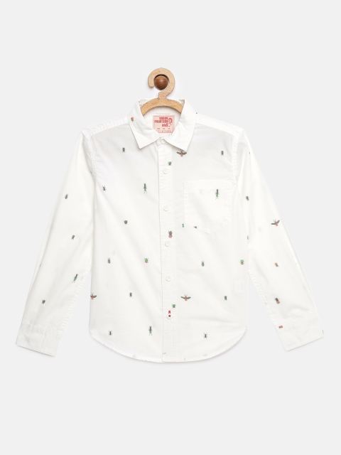 

UNDER FOURTEEN ONLY Boys White & Green Printed Regular Fit Casual Shirt