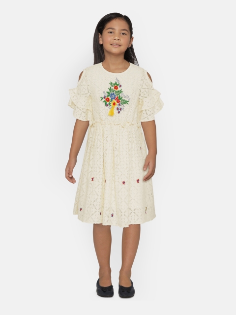 

UNDER FOURTEEN ONLY Girls Off-White Self Design Fit and Flare Dress