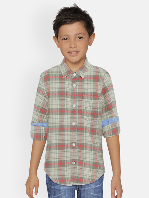 

UNDER FOURTEEN ONLY Boys Grey & Beige Regular Fit Checked Casual Shirt