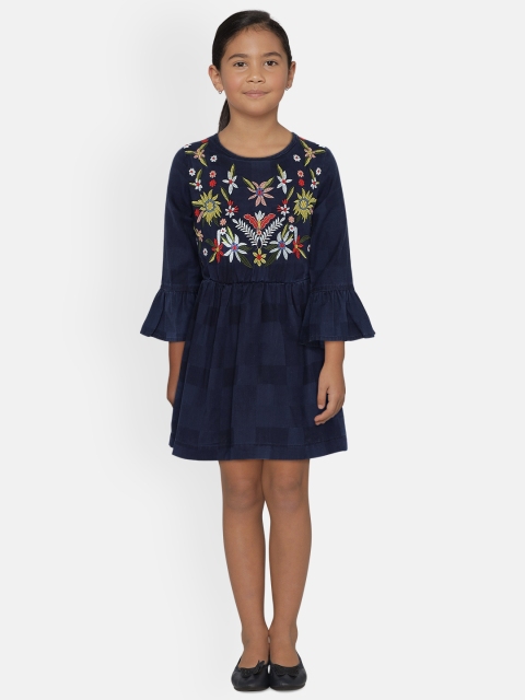 

UNDER FOURTEEN ONLY Girls Navy Blue Embroidered Fit and Flare Dress