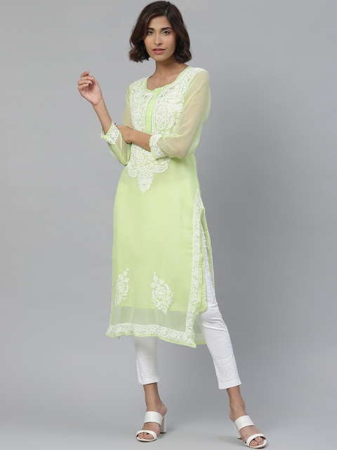 

ADA Women Green & White Chikankari Embroidered Sustainable Kurta with Trousers