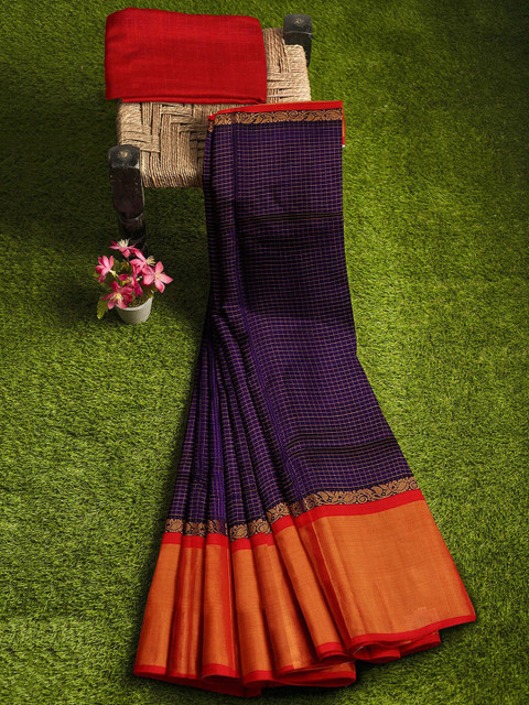 

APCO Navy Blue & Orange Silk Cotton Checked Sustainable Saree