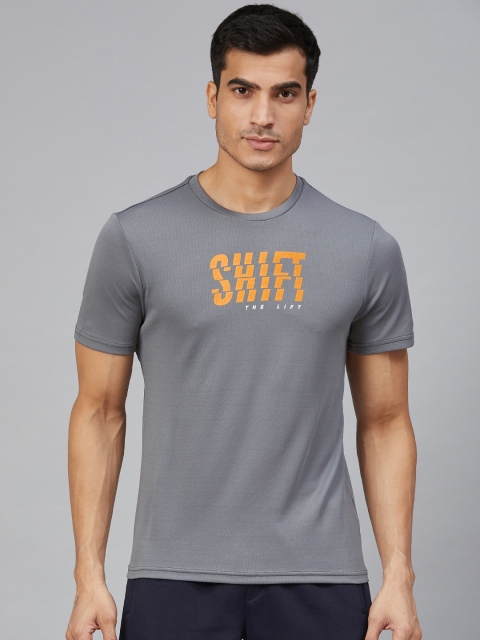 

Alcis Men Charcoal Grey & Coral Orange Printed Round Neck T-shirt