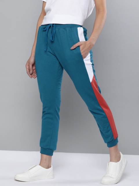 

Mast & Harbour Women Teal Blue & White Solid Joggers With Stripe Details