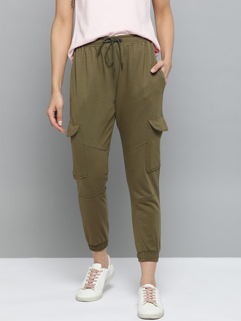 

Mast & Harbour Women Olive Green Regular Fit Mid-Rise Solid Cropped Cargo Joggers