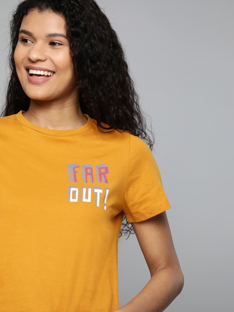 

Mast & Harbour Women Mustard Yellow Solid Round Neck T-shirt