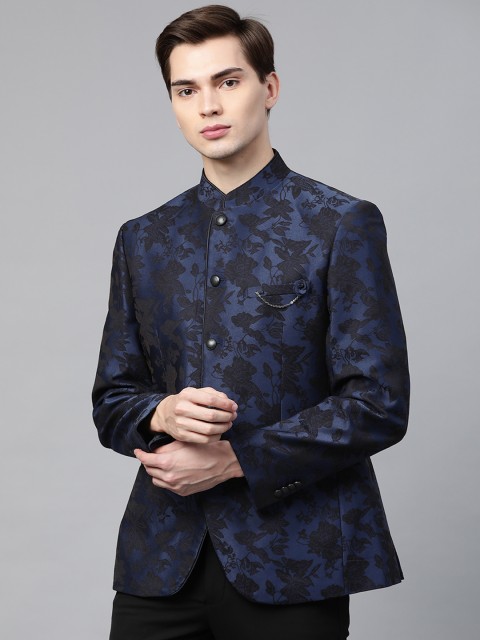 

Park Avenue Men Blue & Black Slim Fit Floral Woven Design Bandhgala