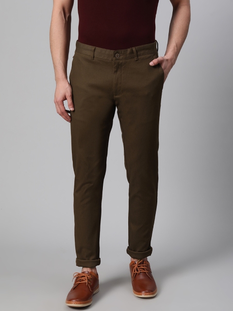 

Blackberrys Men Olive Brown Sharp Skinny Fit Self Design Regular Trousers