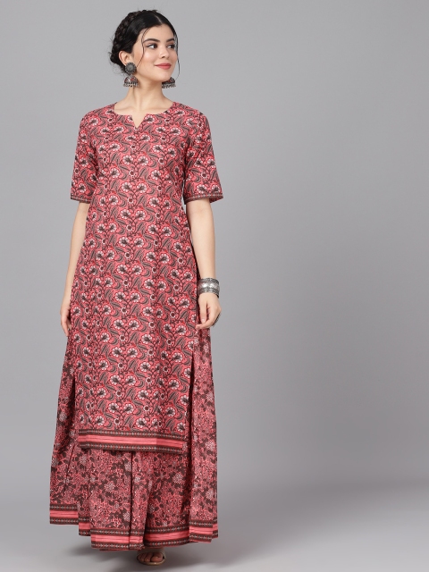 

AKS Women Mauve & Charcoal Grey Floral Print Kurta with Skirt