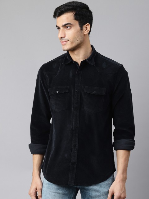 

Blackberrys Men Navy Blue Slim Fit Solid Corduroy Casual Shirt