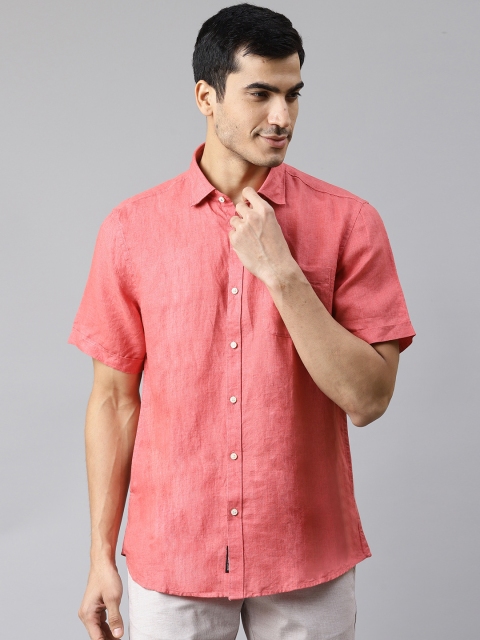 

Blackberrys Men Coral Pink Slim Fit Linen Solid Casual Shirt