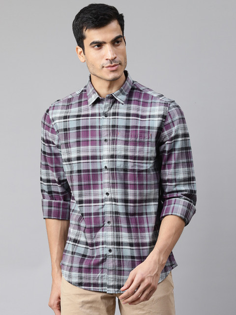 

Blackberrys Men Purple & Grey Slim Fit Checked Casual Shirt