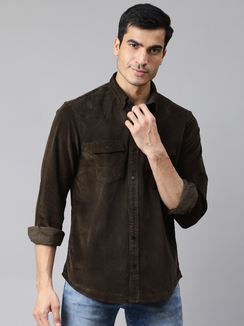 

Blackberrys Men Olive Green Slim Fit Solid Corduroy Casual Shirt