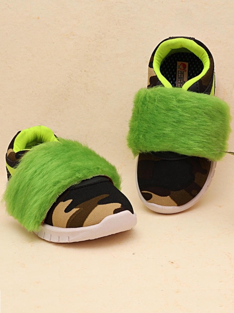 

DChica Girls Green Printed Camouflage & Fur Slip-On Sneakers