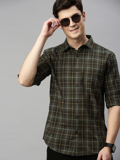 

HERE&NOW Men Olive Green & Yellow Slim Fit Checked Casual Shirt