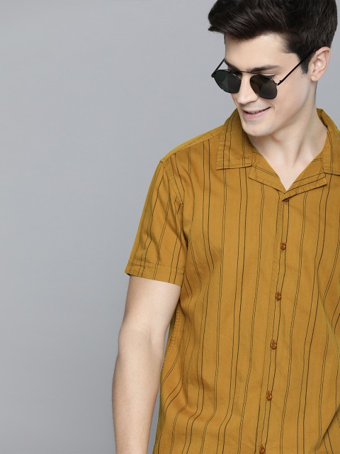

HERE&NOW Men Mustard & Navy Blue Slim Fit Striped Casual Shirt