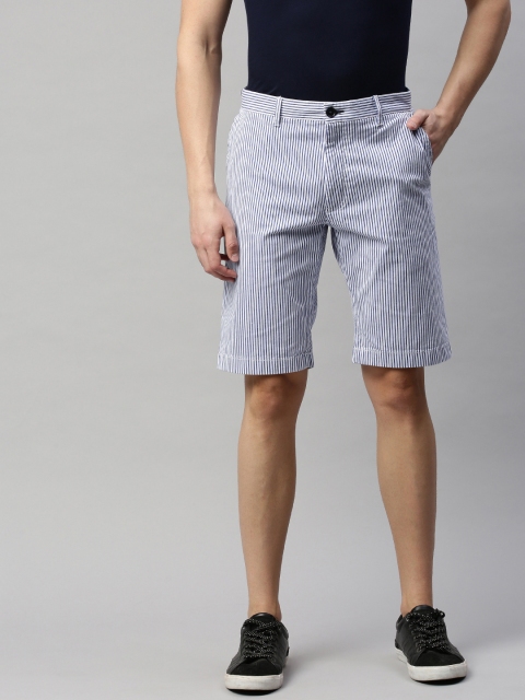 

Indian Terrain Men White & Navy Blue Striped Slim Fit Chino Shorts
