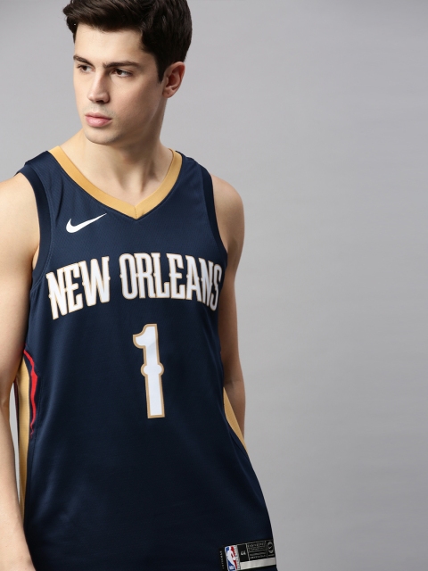 

Nike Men Navy Blue SWGMN JSY ROAD Printed Dri-Fit V-Neck Basketball Jersey T-shirt