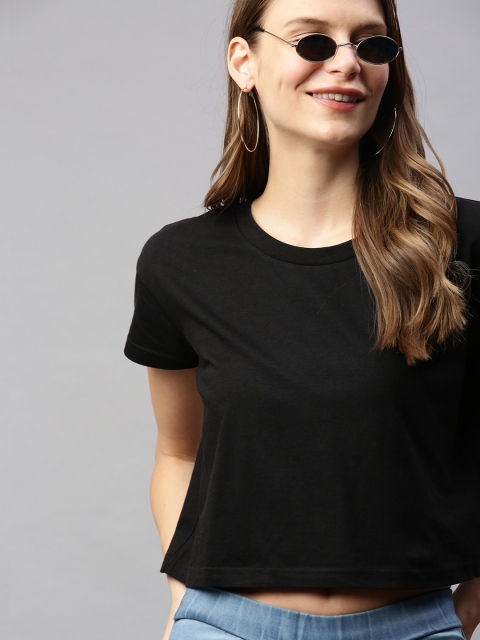 

HERE&NOW Women Black Solid Round Neck Crop T-shirt