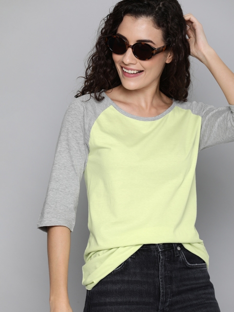 

HERE&NOW Women Yellow Solid Round Neck T-shirt with Colourblocked Detail Sleeve