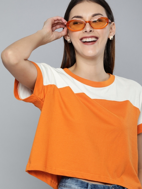 

HERE&NOW Women Orange Colourblocked Round Neck T-shirt