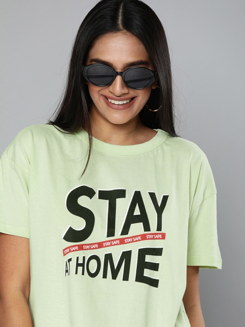 

HERE&NOW Women Green Printed Round Neck T-shirt