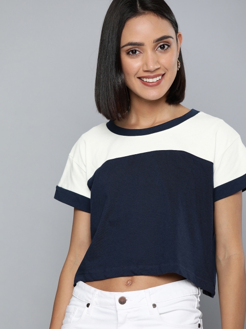 

HERE&NOW Women Navy Blue Colourblocked Round Neck T-shirt