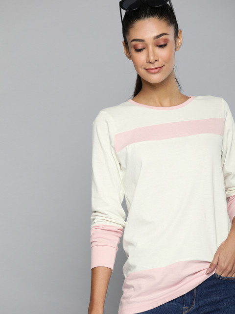 

HERE&NOW Women Off-White & Pink Colourblocked Round Neck T-shirt